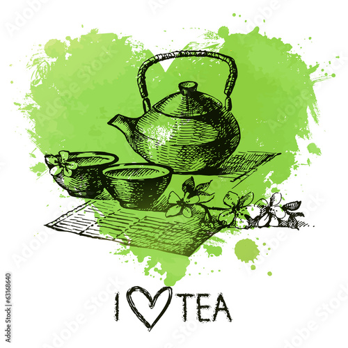Tea background with splash watercolor heart and sketch