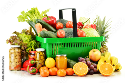 Plastic shopping basket with groceries isolated on white