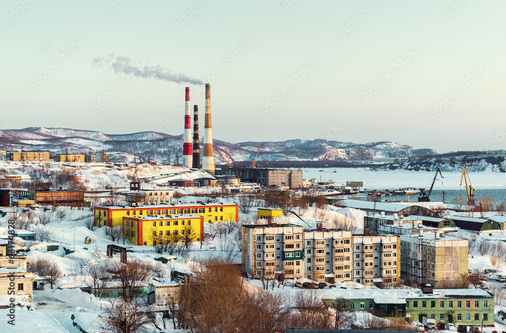 Naklejka premium Petropavlovsk-Kamchatsky cityscape, power plant ans seaport
