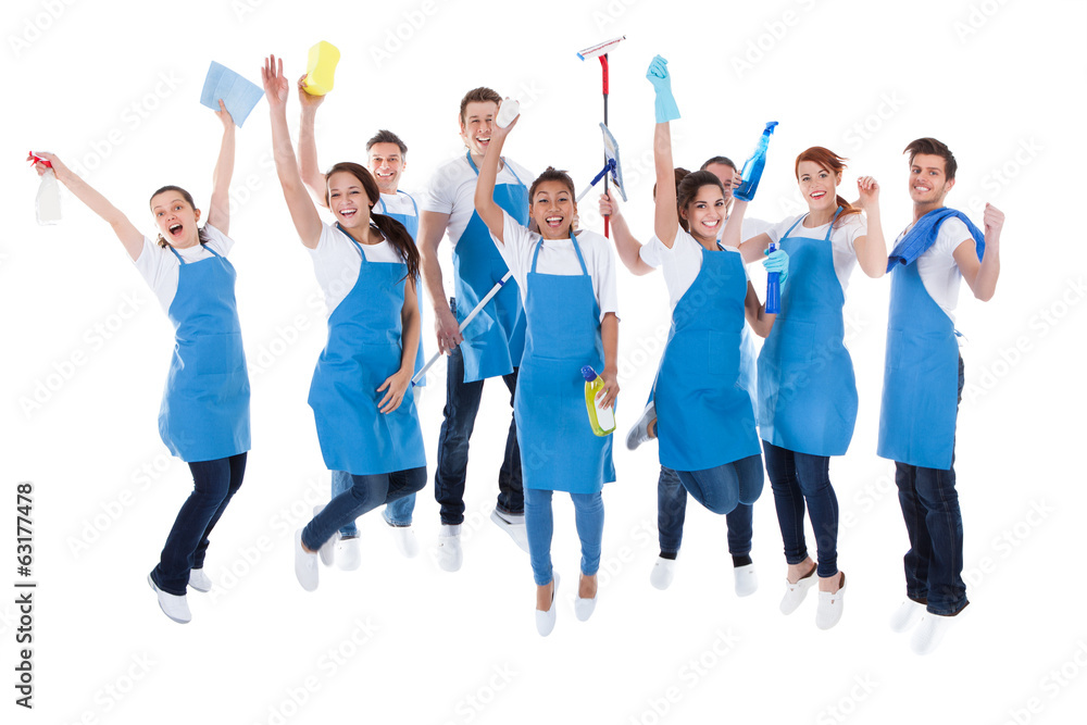 Obraz premium Large excited group of diverse janitors