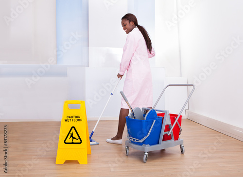 Female Housekeeper Cleaning Floor In Hotel