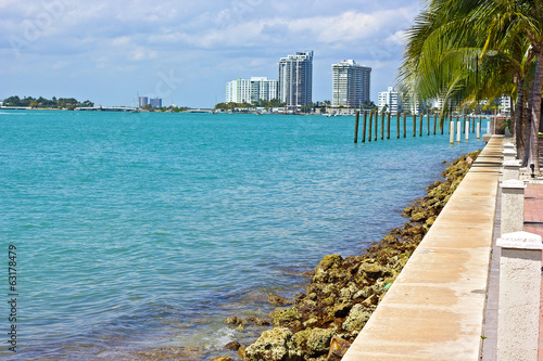 View of waterway with city buildings in Miami Beach, Florida.