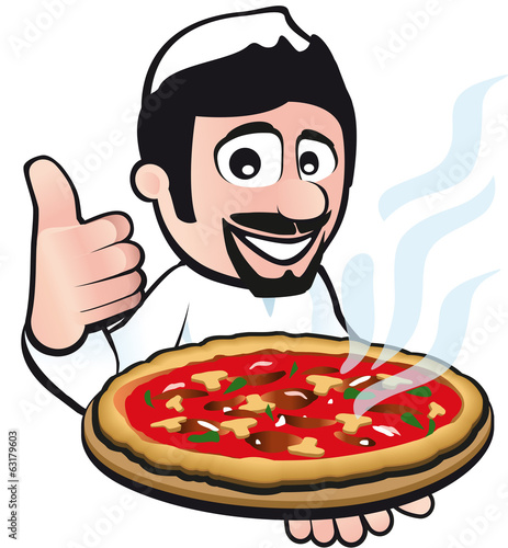 Pizzabäcker mit Daumen hoch hält Pizza