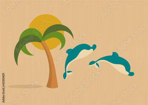 palm tree  sun and dolphins