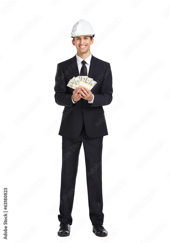 Businessman in white hard hat pointing hand gestures Businessman in white hard hat pointing hand gestures