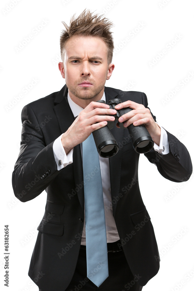 Businessman wearing suit with blue tie hands binocular Businessman wearing suit with blue tie hands binocular