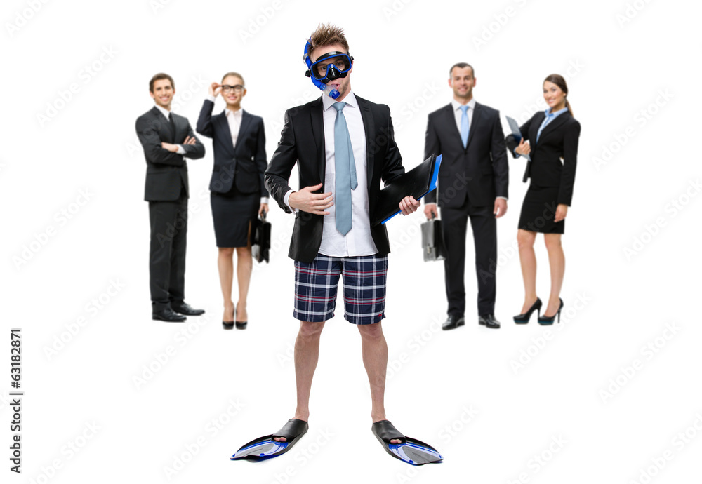Obraz premium Full-length portrait of businessman wearing fins