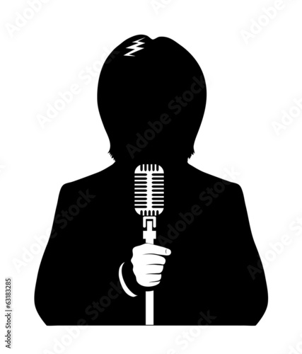 wuman with a microphone in his hand on a white background