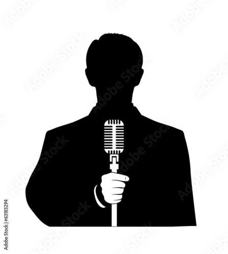 man with a microphone in his hand on a white background