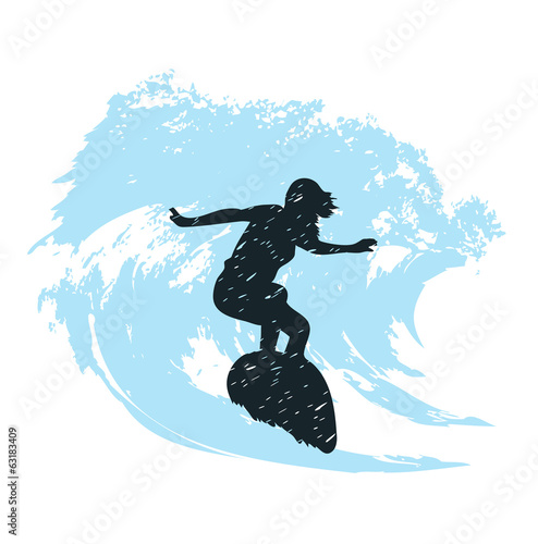 silhouette of a surfer in grunge style splashes