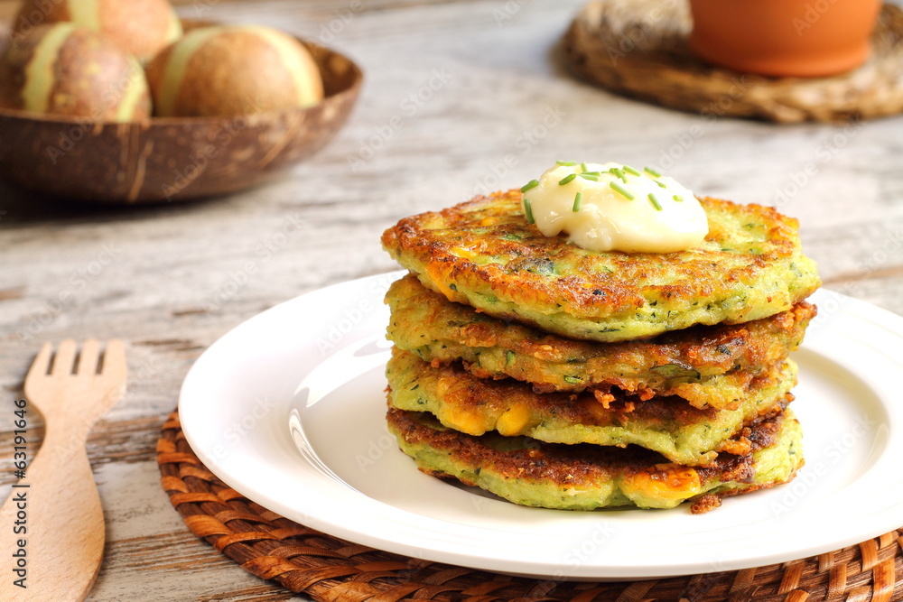 Zucchini and corn fritters Zucchini and corn fritters
