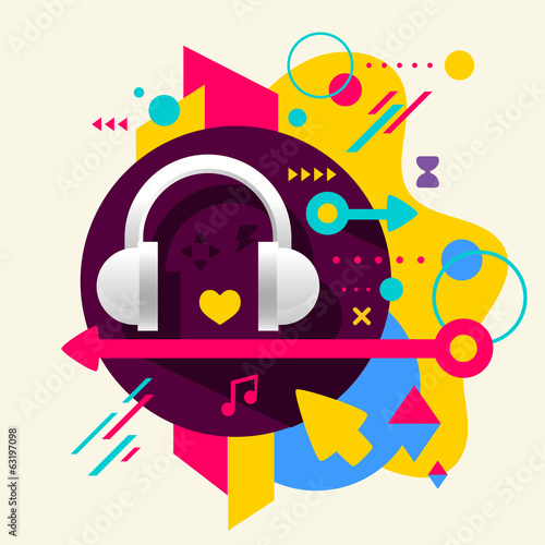 Headphones on abstract colorful spotted background with differen