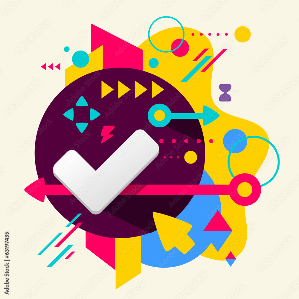 Fototapeta premium Tick on abstract colorful spotted background with different elem