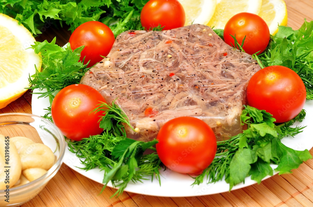 Aspic from meat with lemon, mustard and fresh vegetables Aspic from meat with lemon, mustard and fresh vegetables