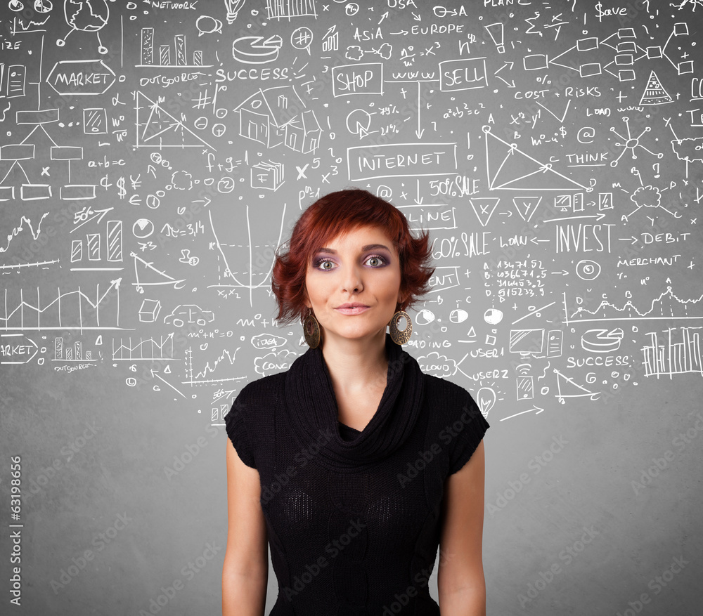 Young pretty lady with hand drawn calculations and icons Young pretty lady with hand drawn calculations and icons