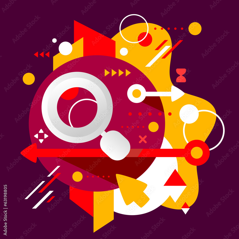 Fototapeta premium Magnifier on abstract dark colorful spotted background with diff