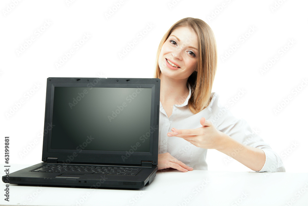 Businesswoman showing laptop screen isolated Businesswoman showing laptop screen isolated