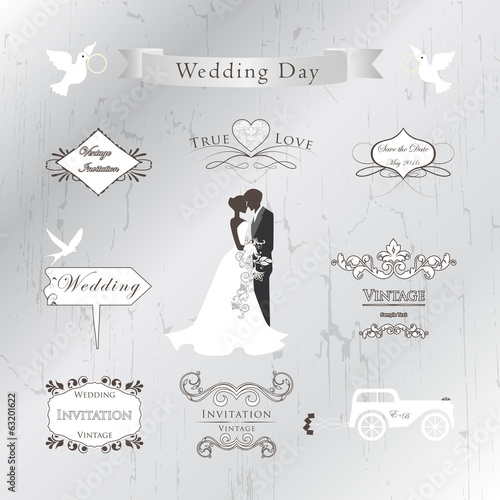 Set of wedding invitation vintage design elements