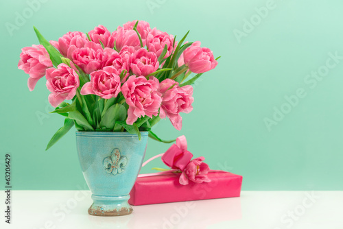 pink tulip flowers and gift box