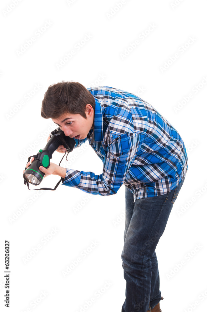 Man searching with flashlight on a white background Man searching with flashlight on a white background
