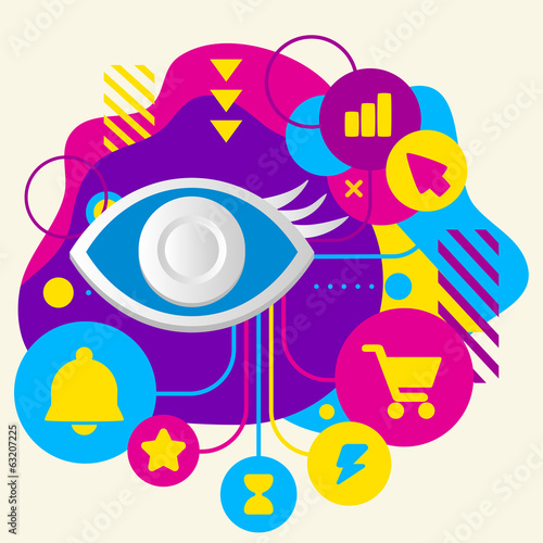 Eye on abstract colorful spotted background with different icons