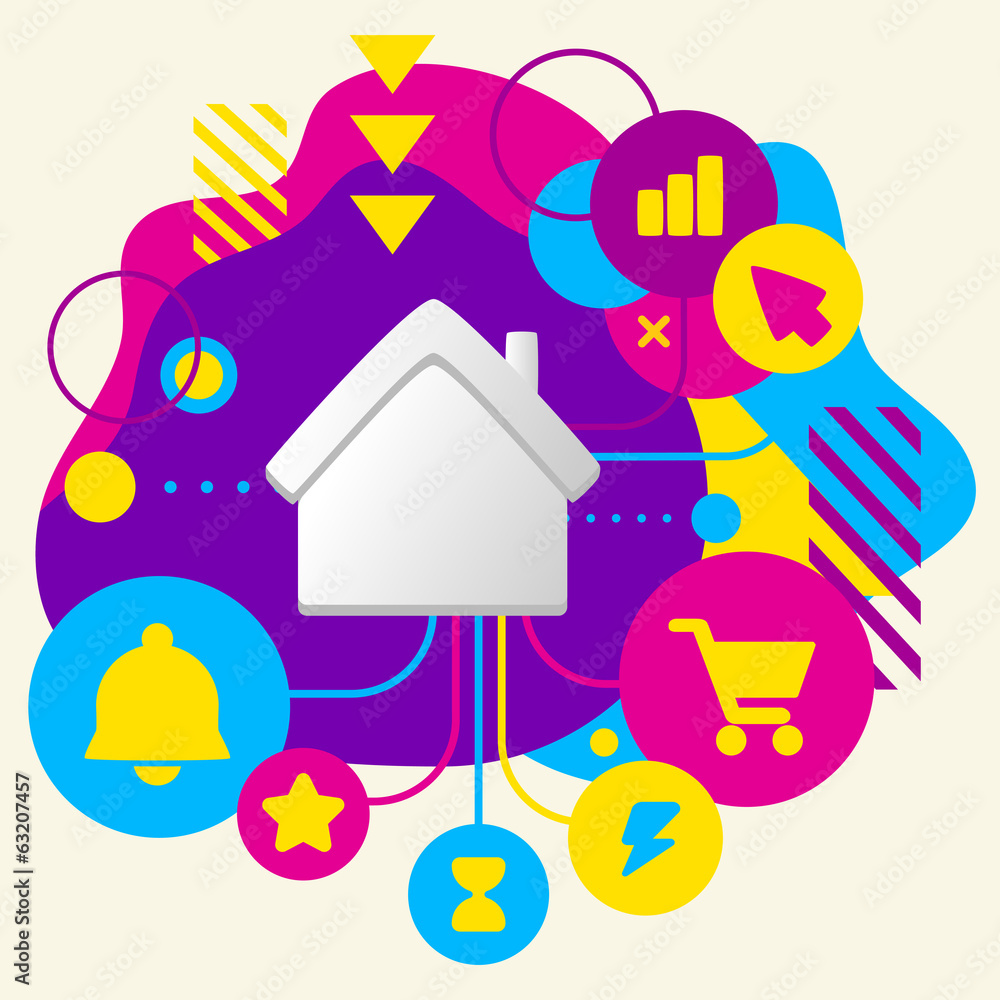 House on abstract colorful spotted background with different ico House on abstract colorful spotted background with different ico