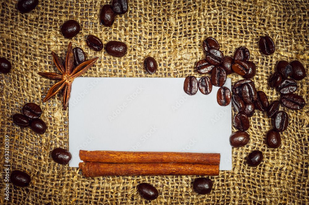 Visiting card with coffe, cinnamon and star anise Visiting card with coffe, cinnamon and star anise