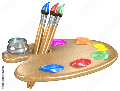 Palette and brushes. Wooden Palette with Brushes. Isolated.
