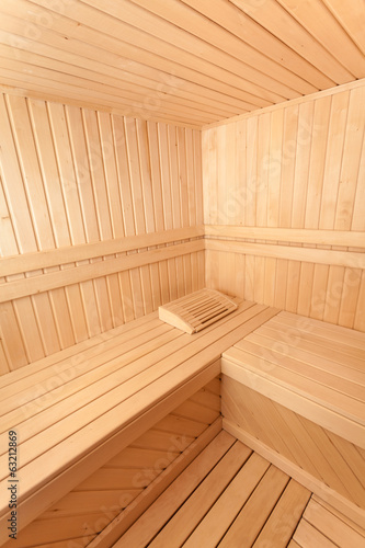 Wide angle photo of wooden sauna