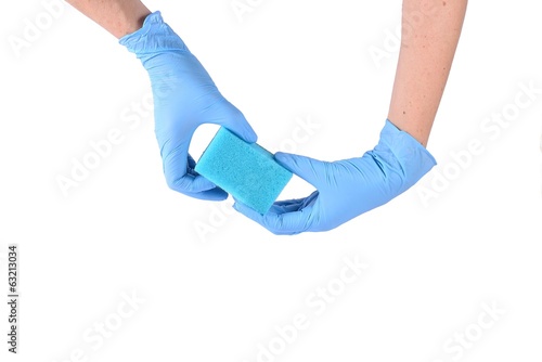 Blue sponge in both hands