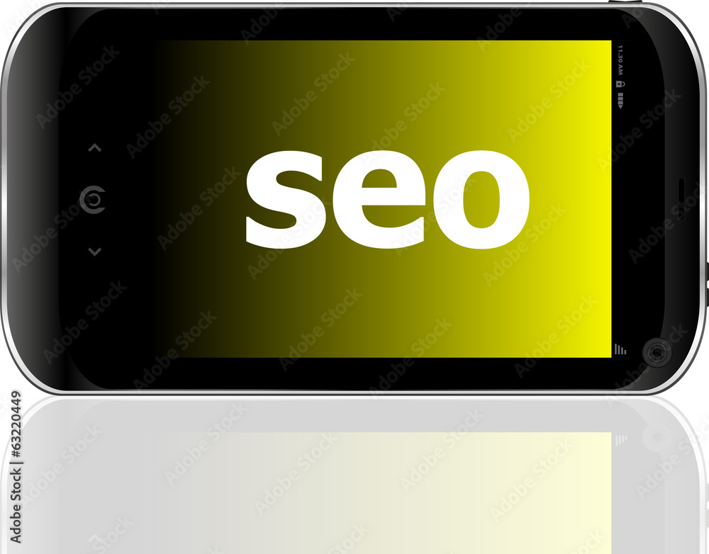 Web development concept: smartphone with word SEO on display Web development concept: smartphone with word SEO on display