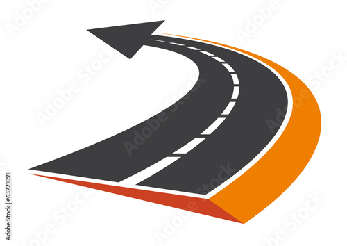 Curved tarred road with an arrow pointer