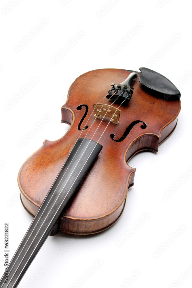 Old scratched violin, isolated on white background. Old scratched violin, isolated on white background.