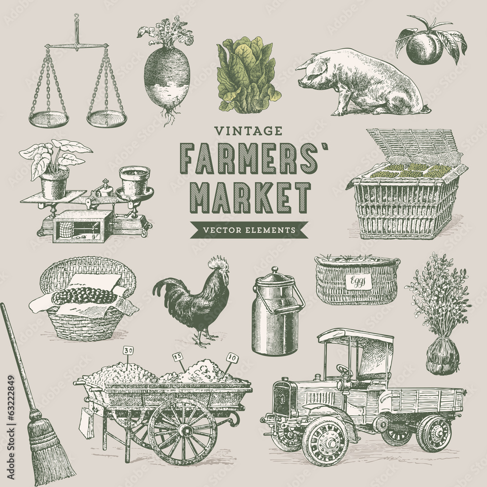Naklejka premium farmers' market - set of nostalgic vector elements