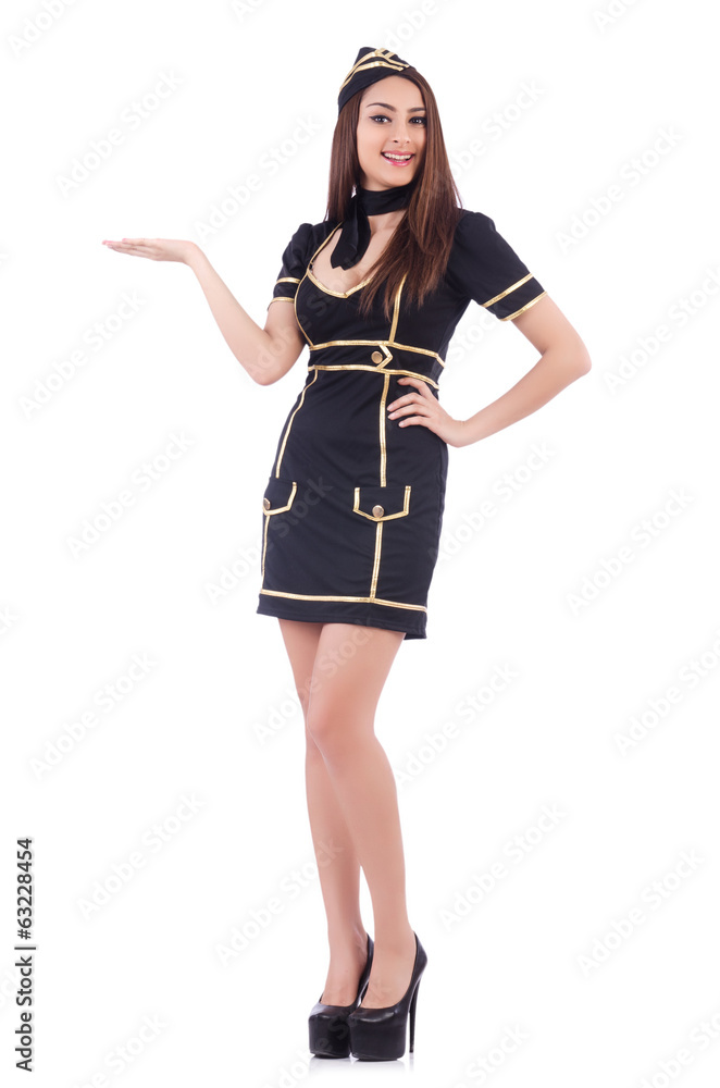 Young airhostess holding hands isolated on white Young airhostess holding hands isolated on white