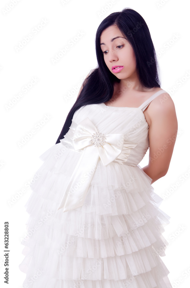 Pregnant woman in wedding dress on white Pregnant woman in wedding dress on white