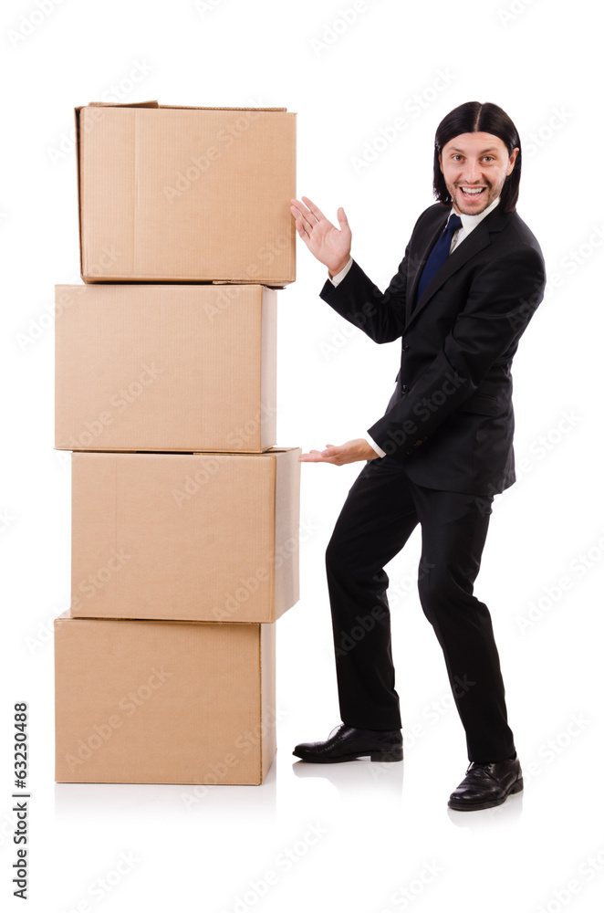Funny man with boxes on white Funny man with boxes on white