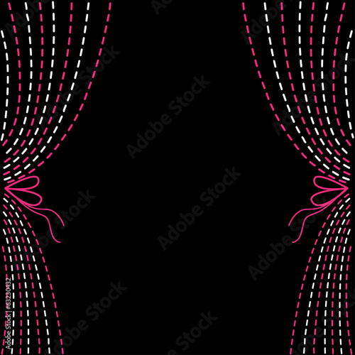 Dash line curtains. Pink and white on black background.