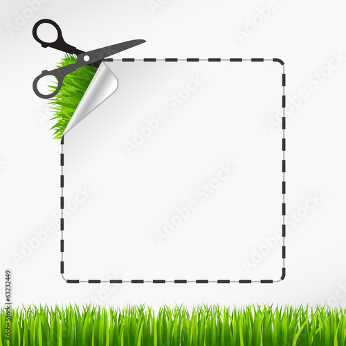 scissors cut sticker. Green grass