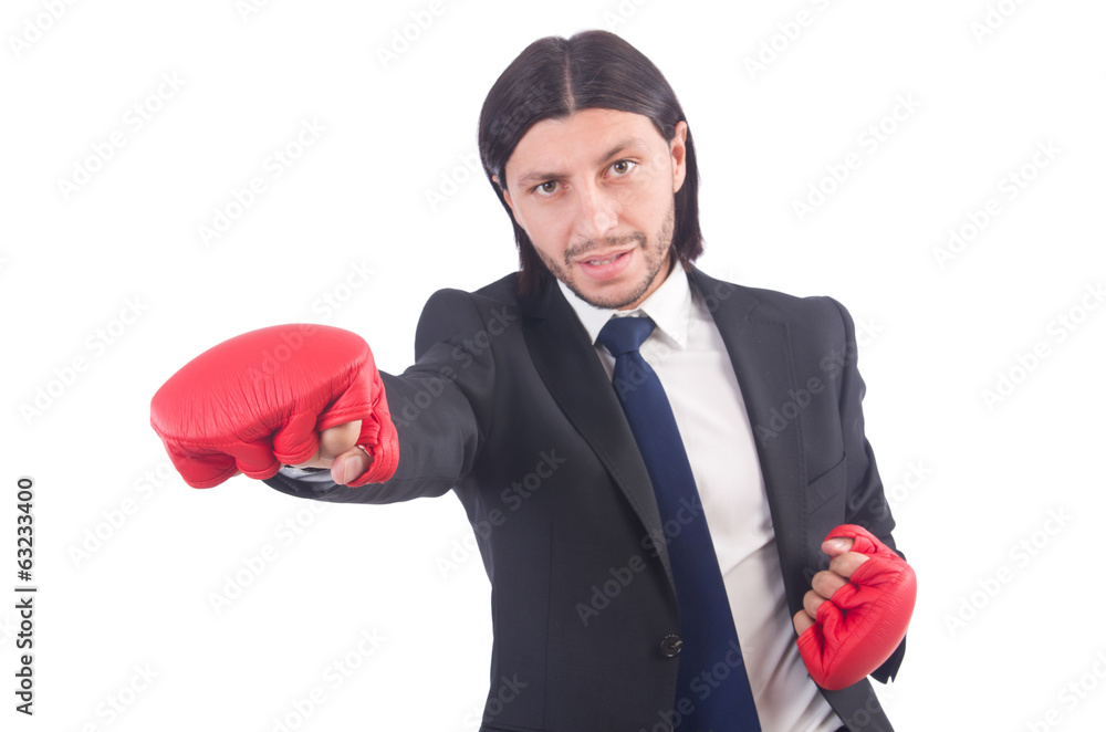Businessman with boxing gloves on white Businessman with boxing gloves on white
