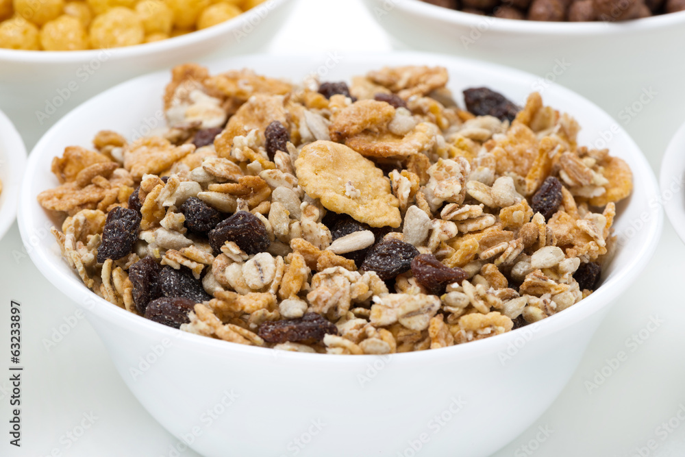 granola with seeds and raisins, close-up granola with seeds and raisins, close-up