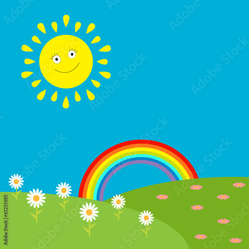 Landscape with sun  rainbow and flowers.