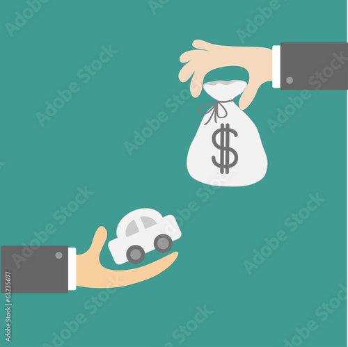 Hands with car and money bag. Exchanging concept. Flat design st