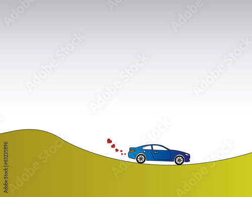 blue car with heart shaped smoke on a green eco nature travel