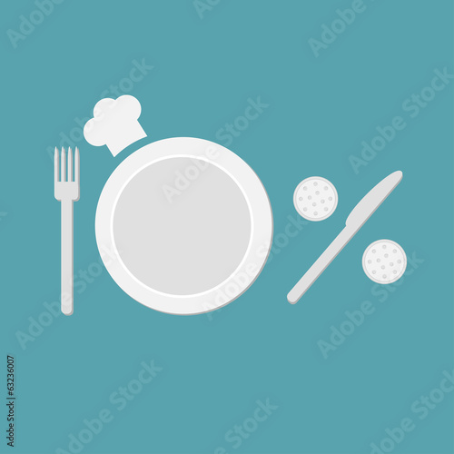 Plate, fork, knife, salt and pepper shaker  and chefs hat. 10 pe