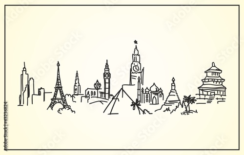 Sketch,Hand-drawing panorama the world's landmarks