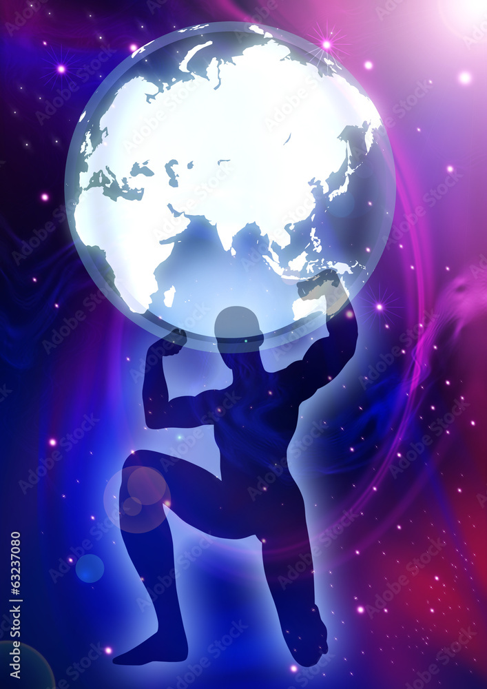 Naklejka premium A man figure lifting up the Globes on cosmic background