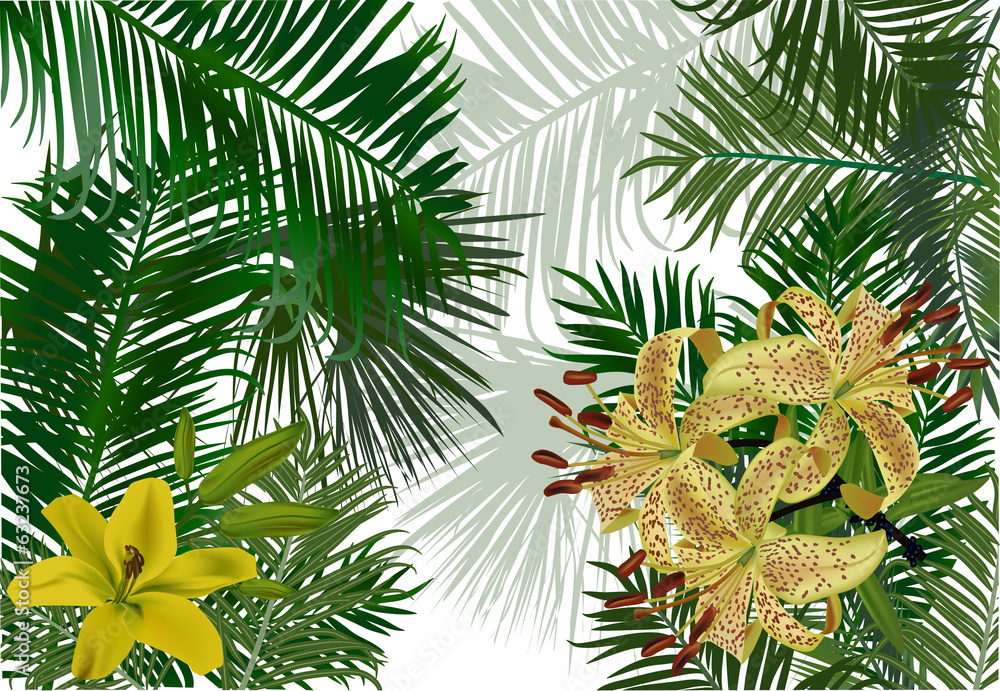 yellow lily flowers on green palm foliage background