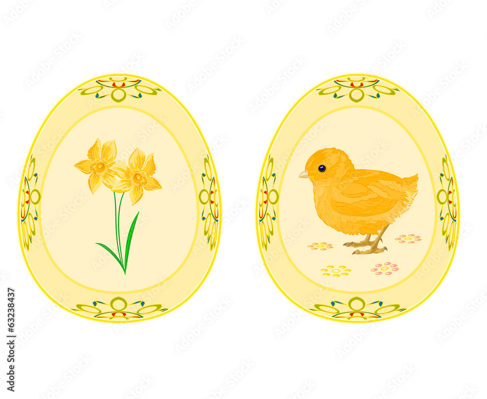 Fototapeta premium Easter eggs theme daffodil and baby chicken