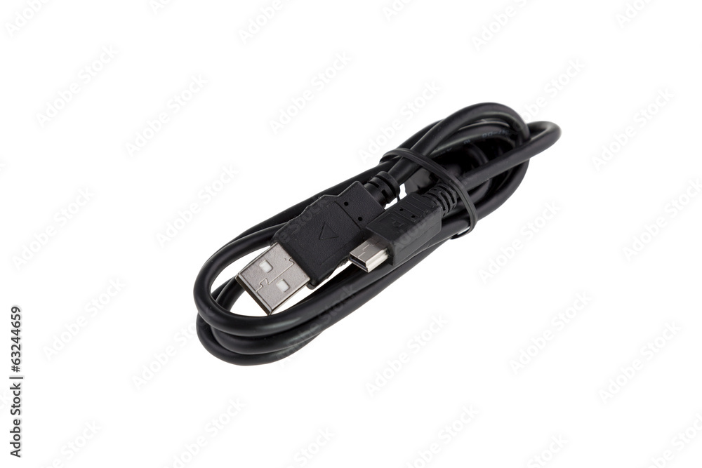 usb cable with mini-usb laying on a white background - Stock Ima usb cable with mini-usb laying on a white background - Stock Ima